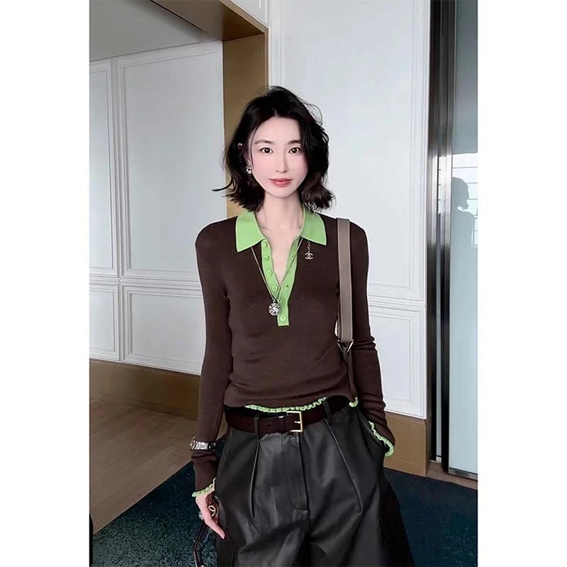 秋季小众设计高级感今年流行盐系轻熟别致独特绝美咖绿撞色针织衫