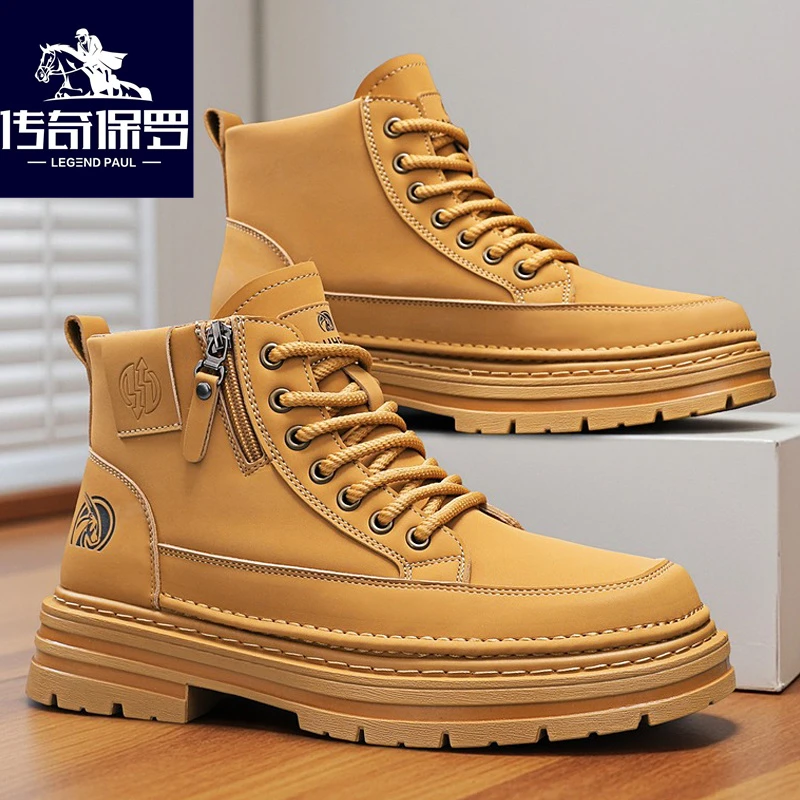 传奇保罗男鞋2025新款秋冬季中高帮休闲厚底增高皮面爆款马丁靴