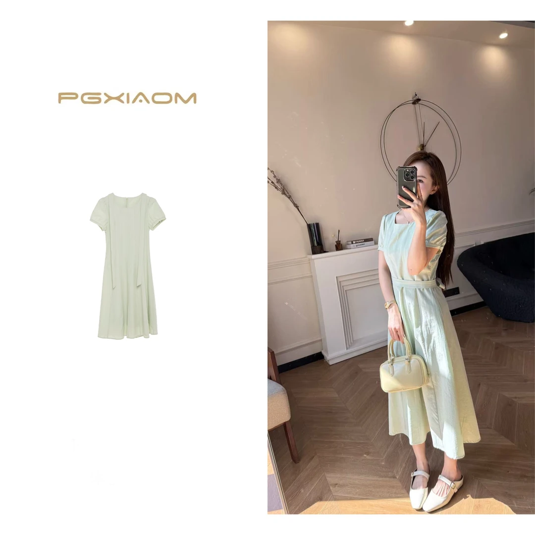 【PGXIAOM】润秀定制淡绿色简约系带收腰连衣裙QZ10055