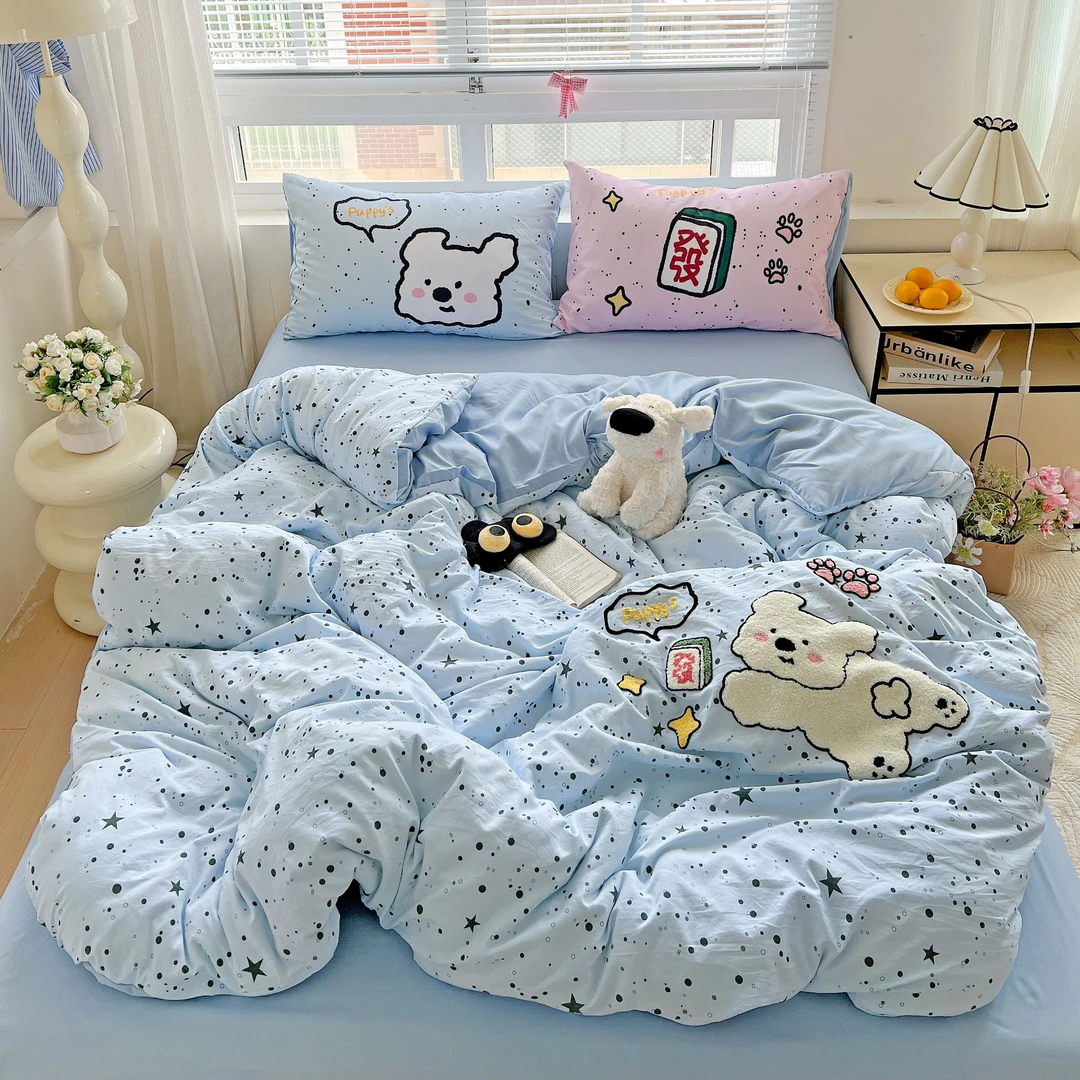 大版印花枕套加毛巾绣被套床品四件套女大宿舍单人三件套云朵质感