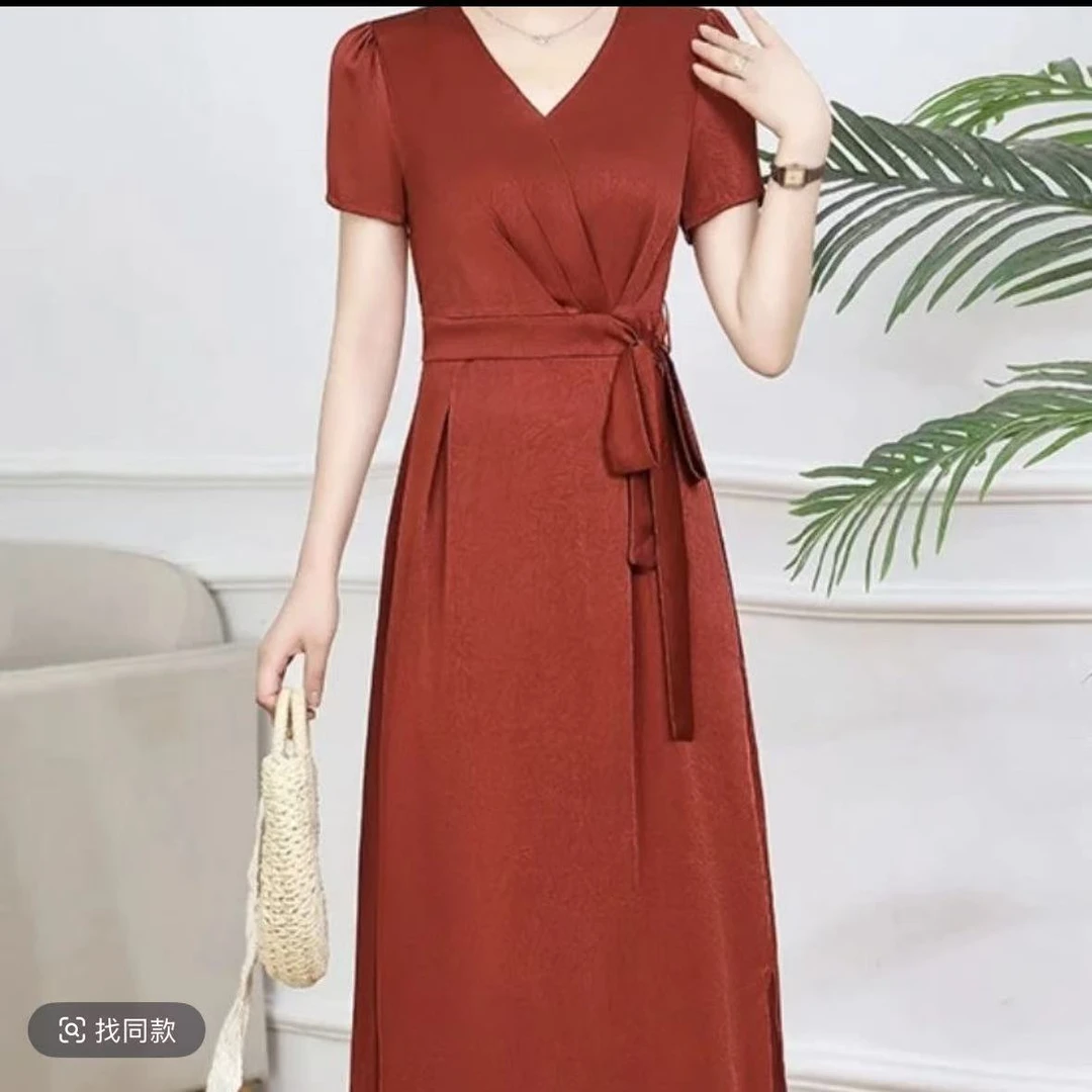 【Y3552】优雅风连衣裙新款V领气质减龄女神范腰带遮肚显瘦裙子