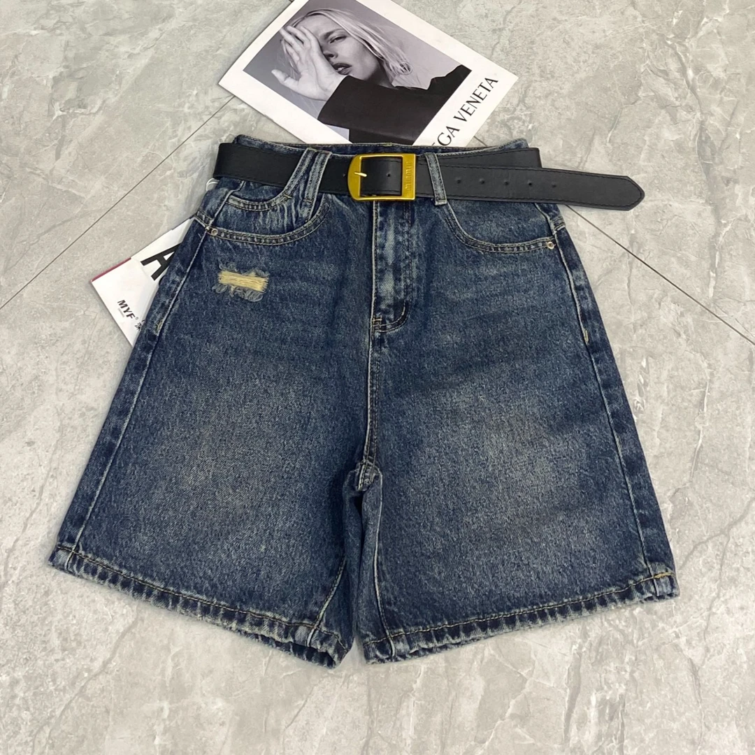 C7253#欧货牛仔裤女夏2025深蓝色高腰A版磨破显瘦百搭五分裤女潮