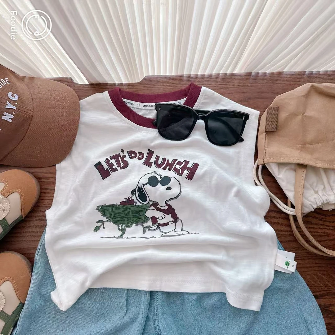 【JMJQ 25070】夏季新款中小童卡通美式史努比印花撞色领无袖背心