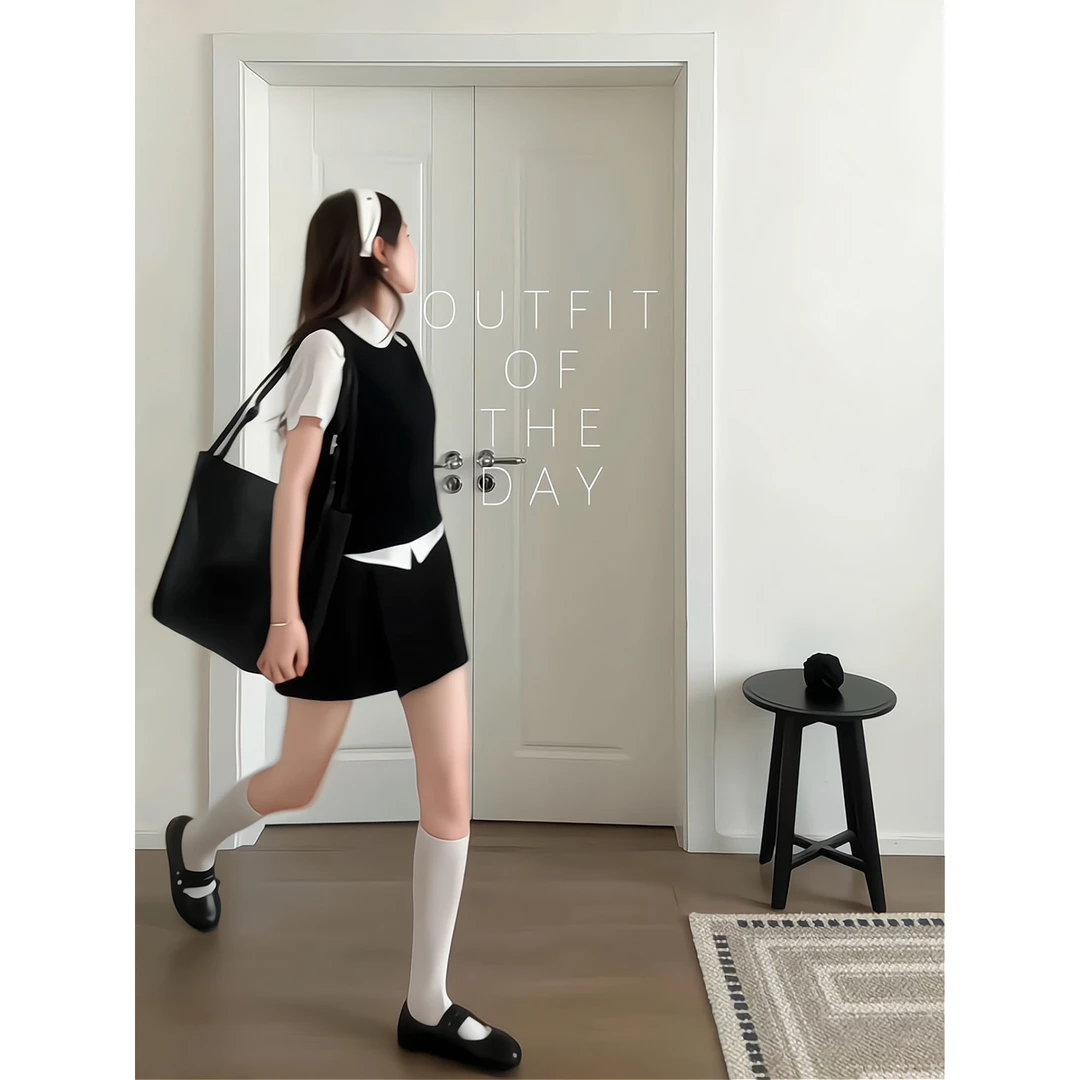 娃娃领短袖衬衫女秋夏韩系时尚套装黑色背心马甲高腰半身裙三件套