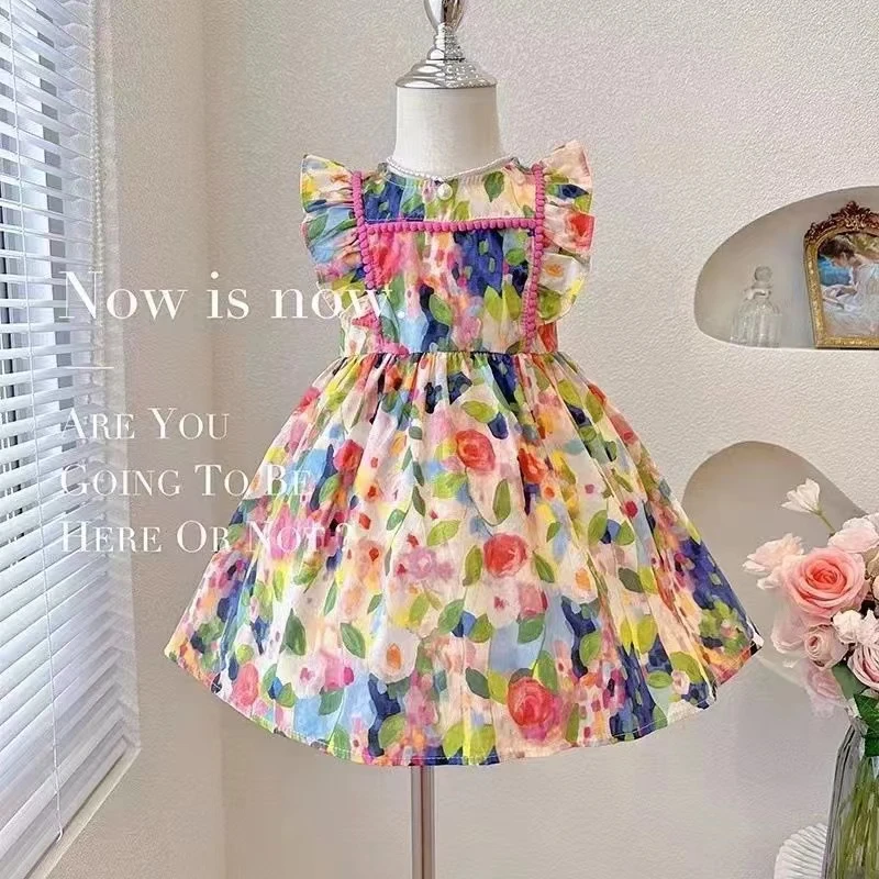 77192夏无袖连衣裙2025新款女童甜美碎花小飞袖连衣裙女童碎花裙