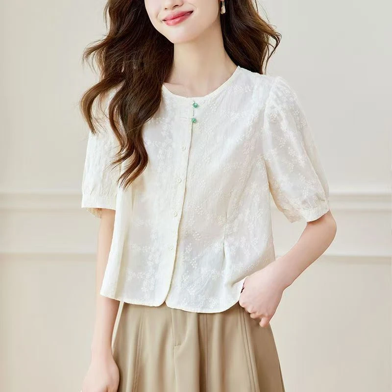 圆领复古高端刺绣短袖衬衫女2025夏季新款小个子上衣别致漂亮小衫