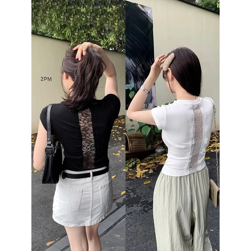 92棉小众夏季新款正肩上衣独特别致设计感辣妹后背蕾丝拼接短袖女