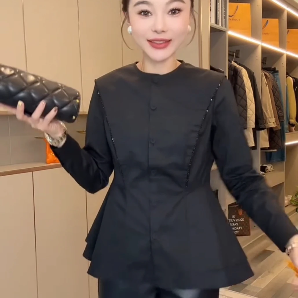 春秋新款遮肉长袖翻领百搭重工穿珠收腰黑色女士衬衫钉珠黑弹力衫