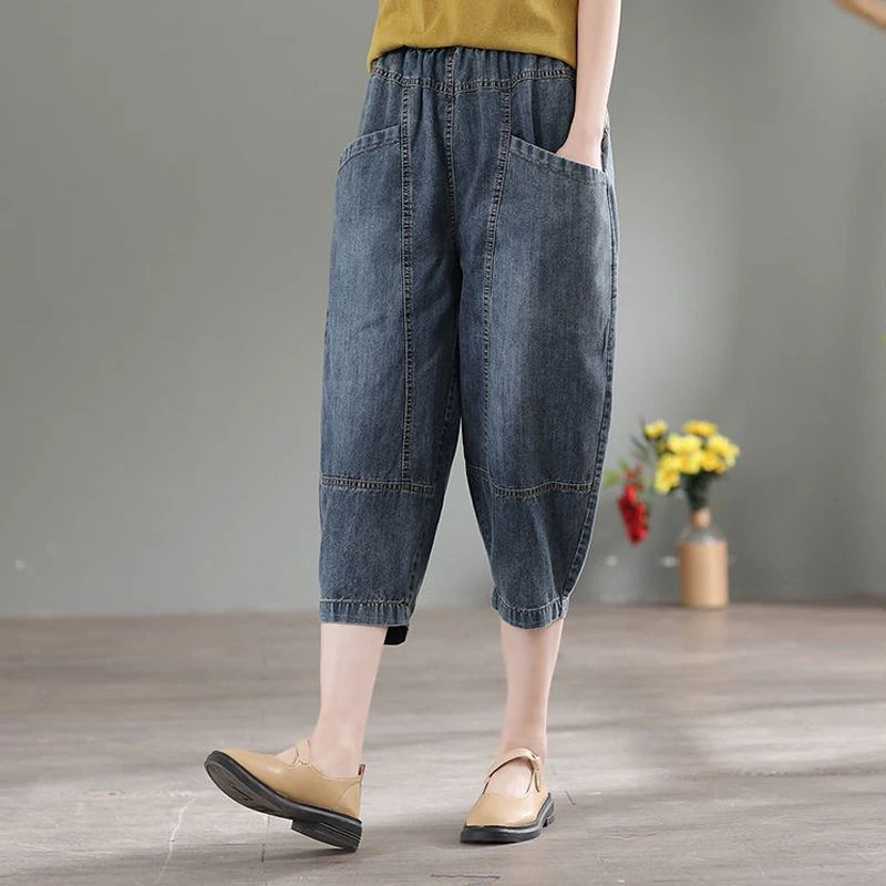 大码七分裤牛仔裤女夏季松紧腰适合大肚腩穿的裤子复古休闲哈伦裤