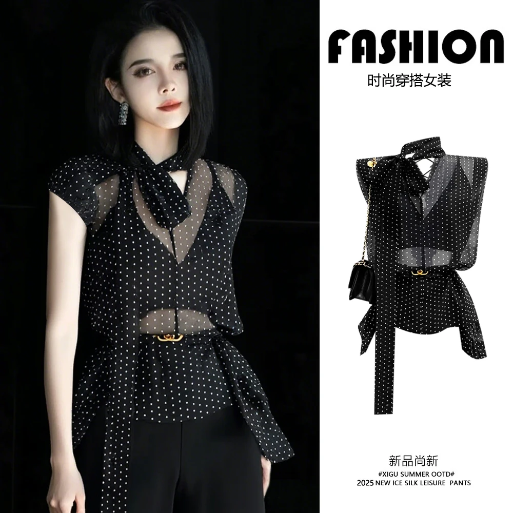 黑色波点v领系带无袖衬衫女夏季薄款微透外穿高级松弛感小衫上衣