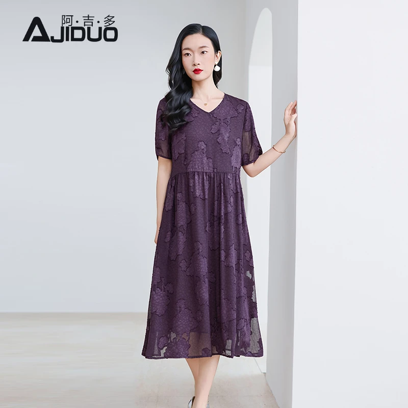 阿吉多紫色短袖连衣裙女夏季新款烧花高端长裙大码高级气质裙子