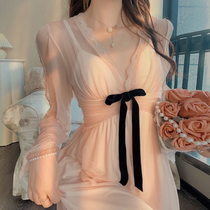 复古温柔风飘逸睡裙甜美气质蕾丝结网纱长裙家居服带胸垫