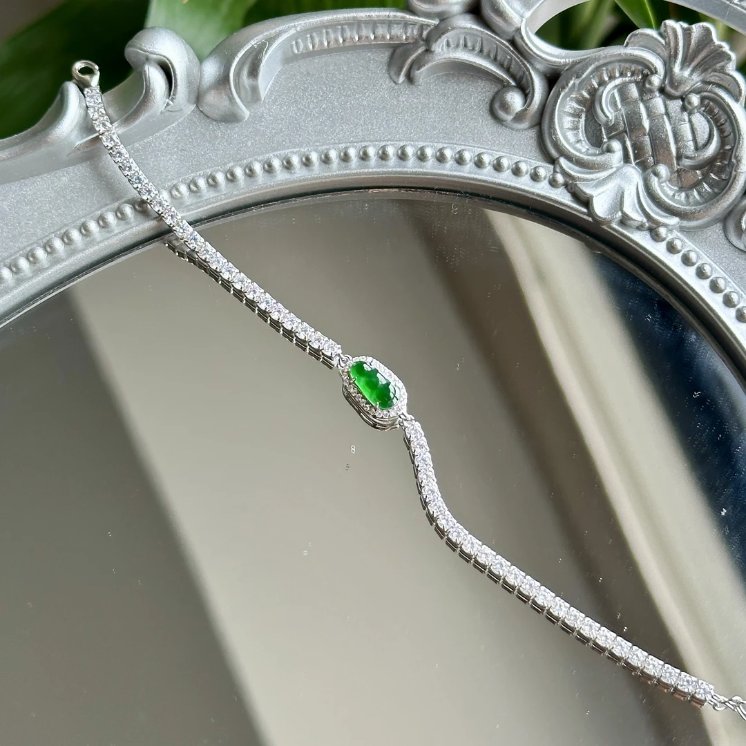 冰阳绿翡翠福豆精致银镶手链