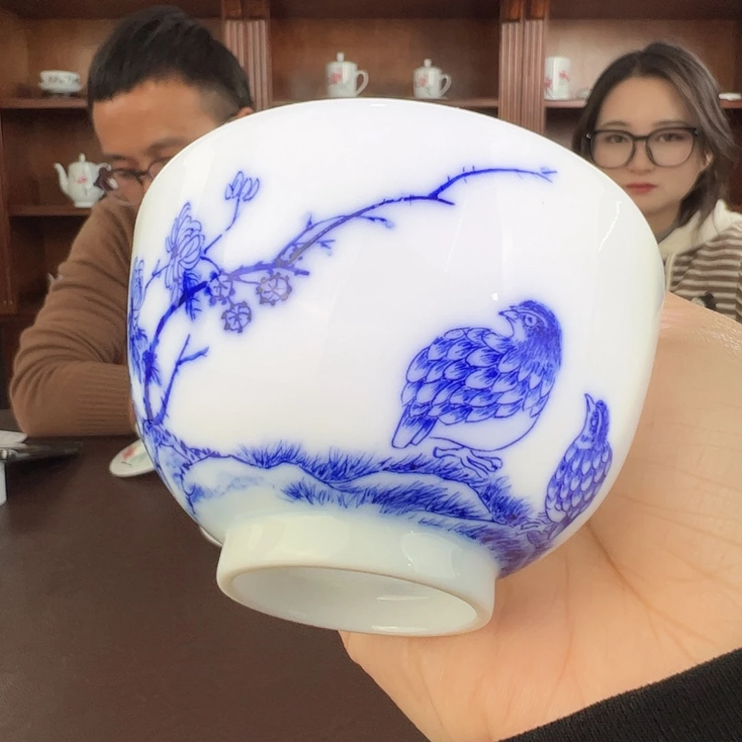 瓷柴窑青花安居乐业直口杯