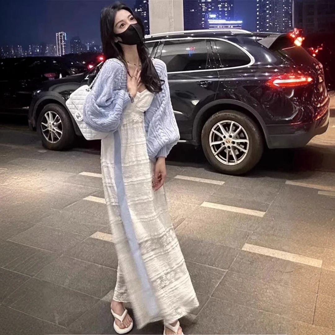 2025春夏新款蓝色露背毛衣/蕾丝小吊带长裙女收腰显瘦仙女风套装