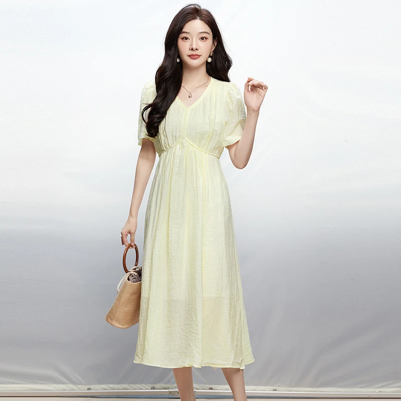 52MM0A0003松紧腰中长裙高级感裙子连衣裙女2025夏