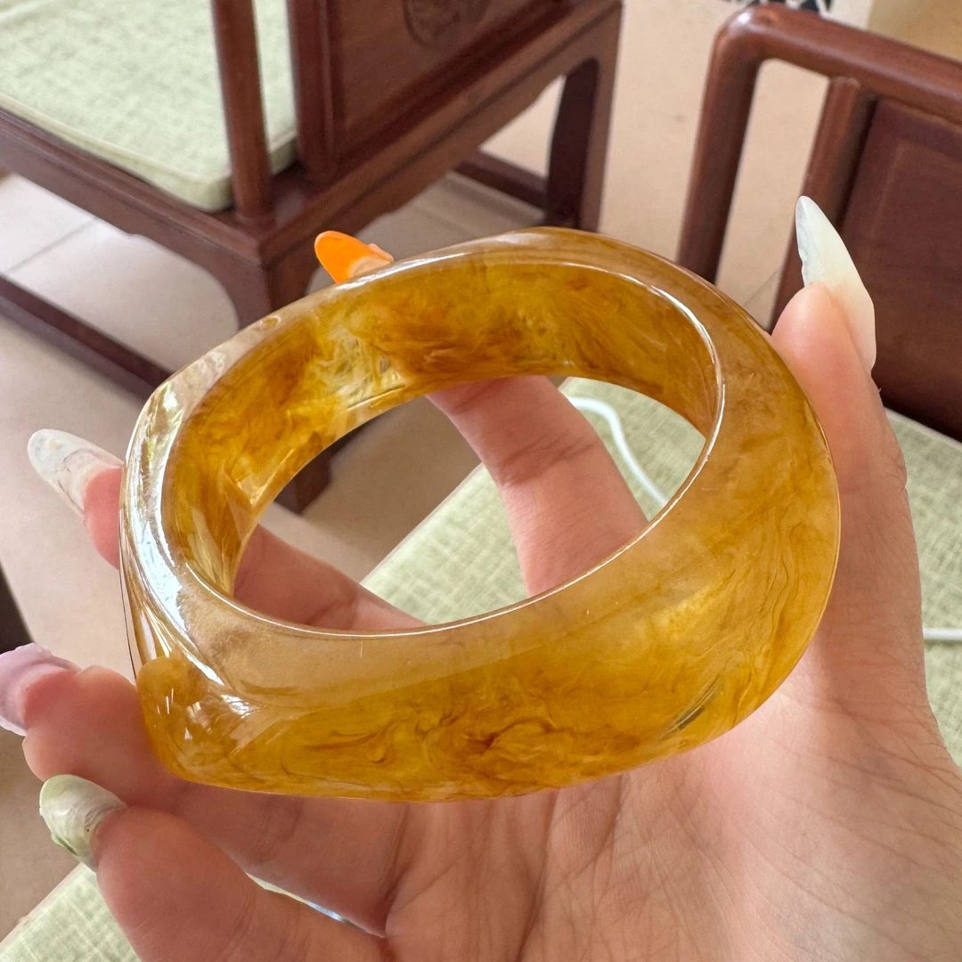 非金属树脂耳饰 【TT-NATURE】彩色雕刻透黄冰块镯子通透见黄色复古