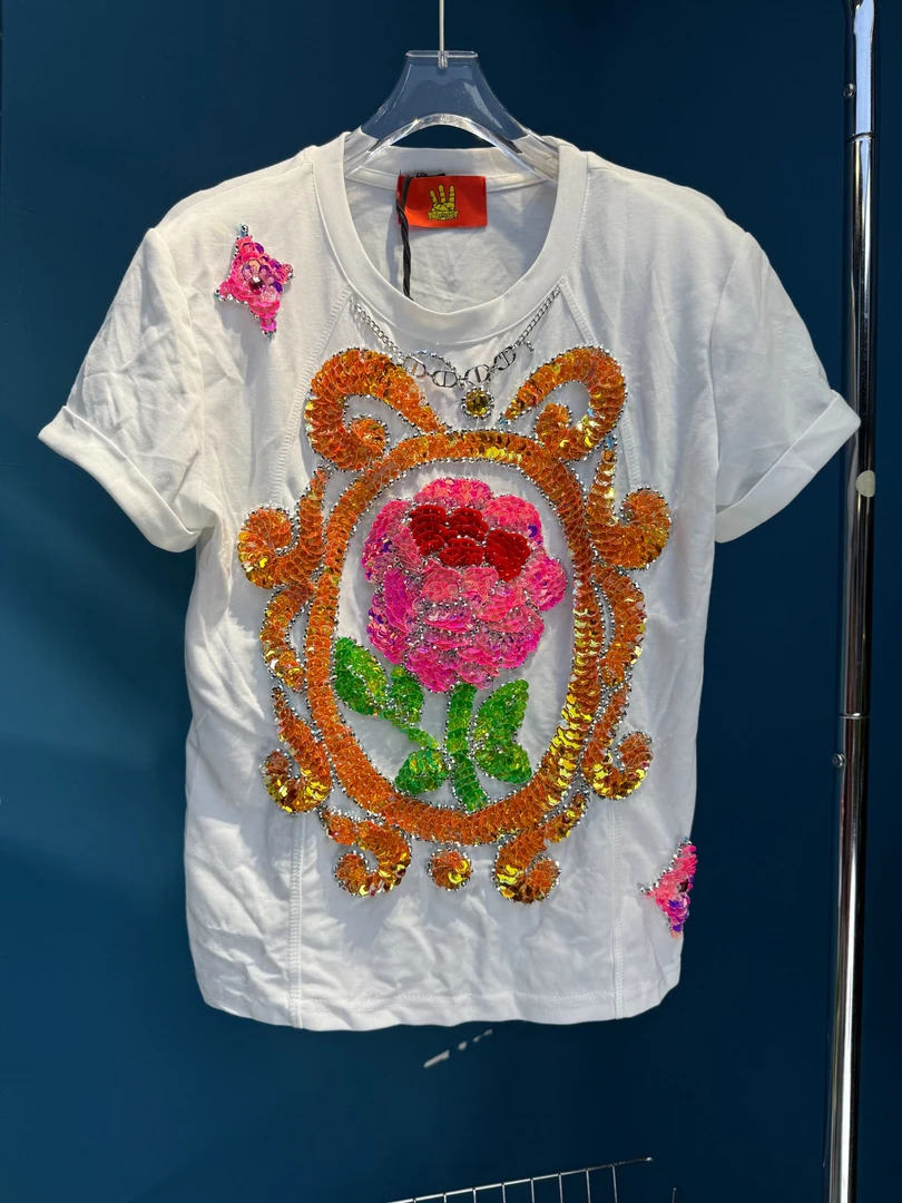 花花潮牌设计师原创小众重工钉珠亮片时尚百搭休闲显瘦T恤