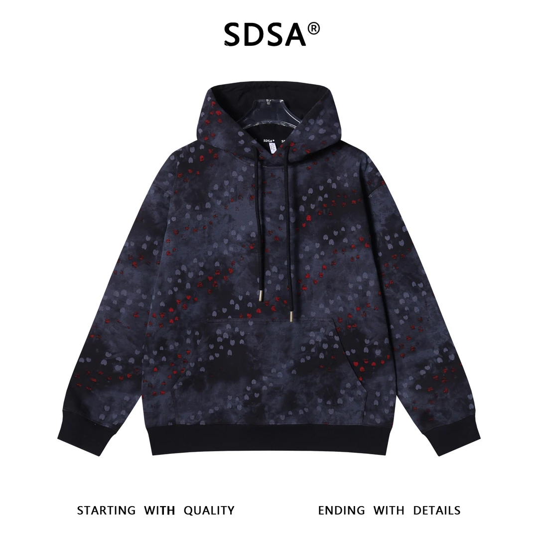 SDSA男士秋冬新款痞帅男装时尚扎染满印爱心印花抽绳连帽卫衣百搭