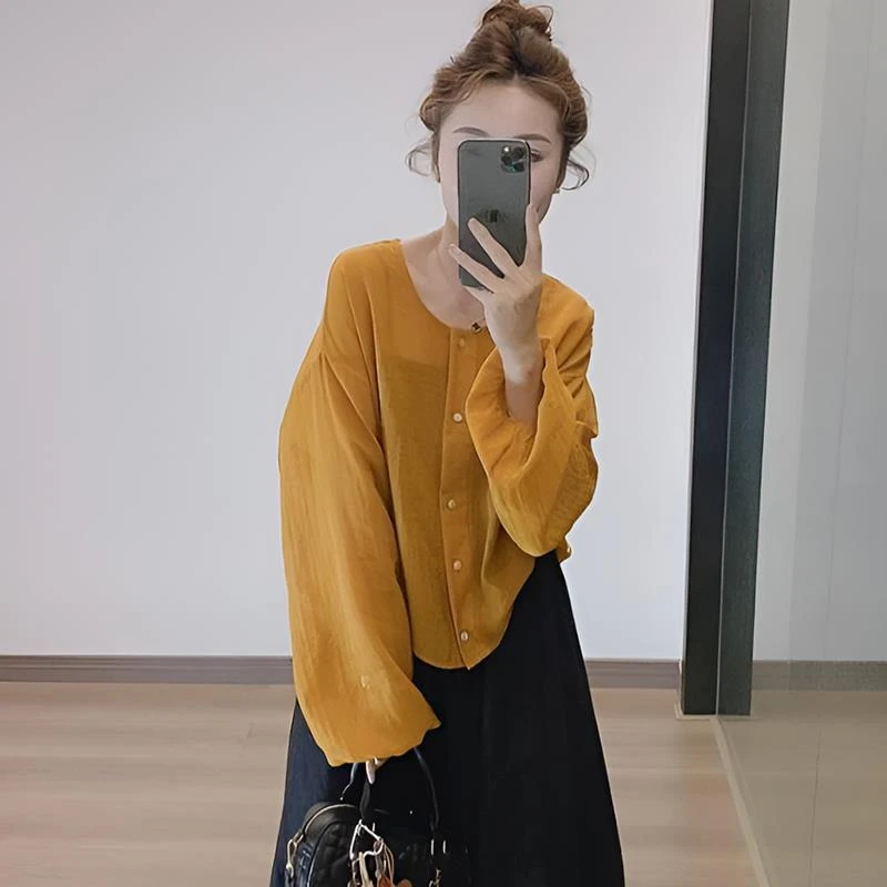 诱诱法式高级感文艺慵懒随性圆领防晒衬衫开衫2025女夏季新款女