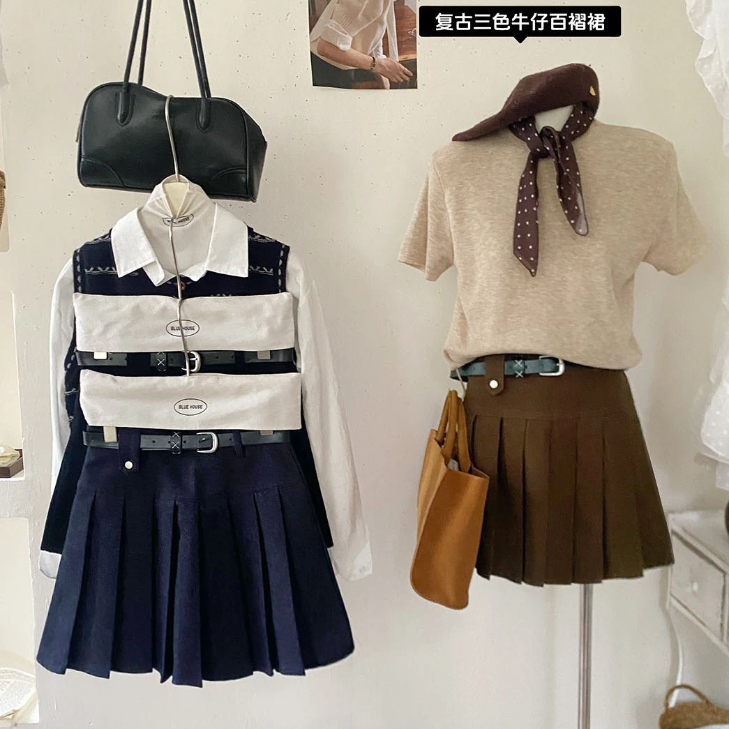 美式复古水洗牛仔百褶短裙女初秋新款休闲百搭显瘦防走光半身裙