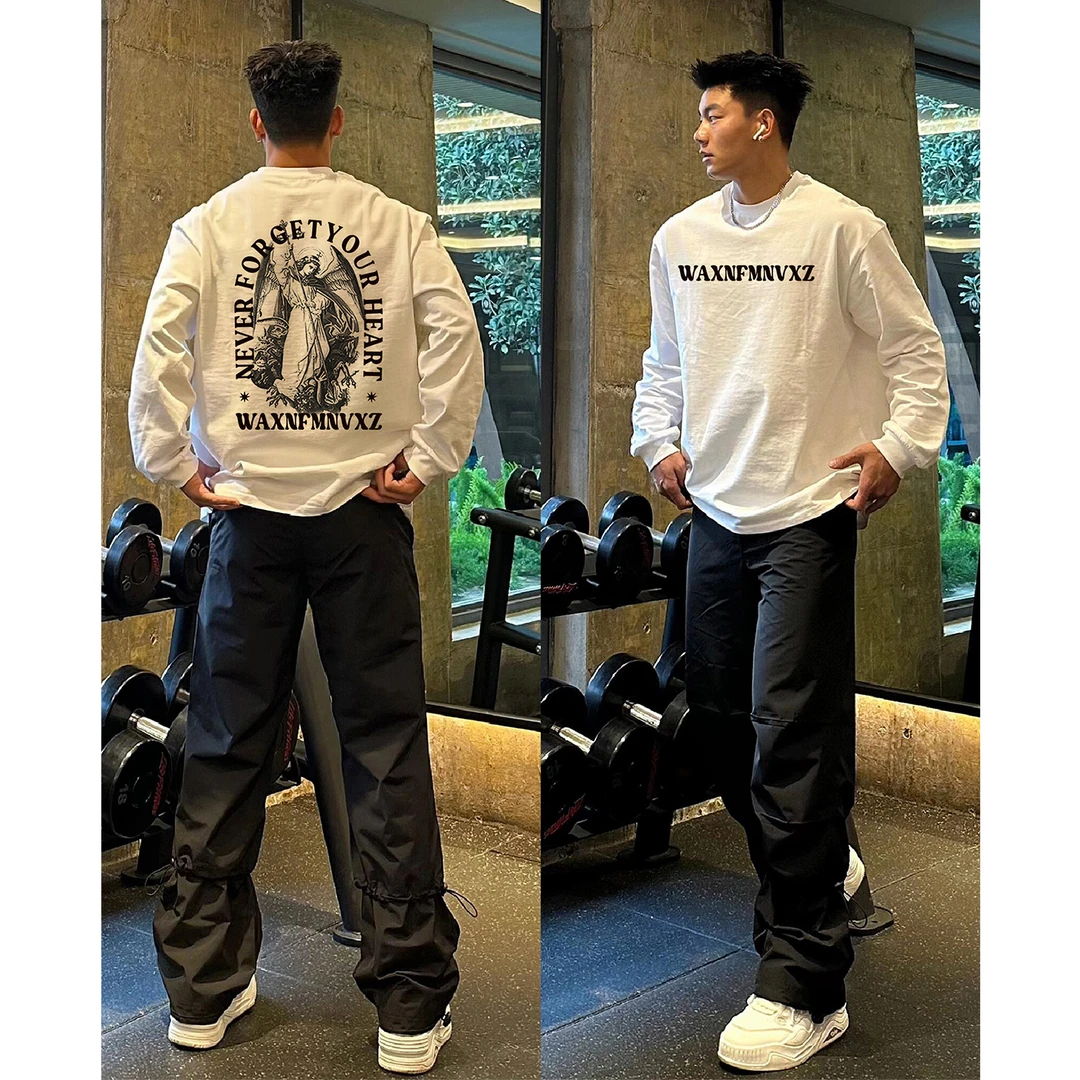 特大码300斤个性天使印花长袖T恤男秋慵懒打底衫宽松暗黑嘻哈上衣