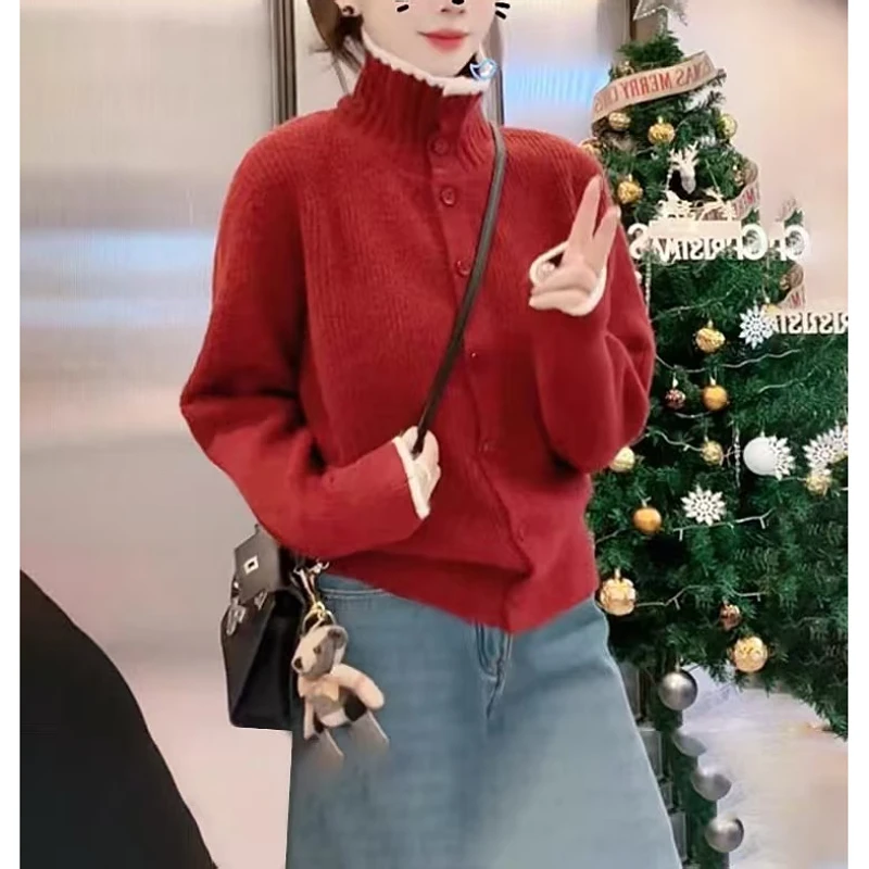 秋冬高领氛围宽松针织开衫红色毛衣2025新款冬季针织衫外套上衣女
