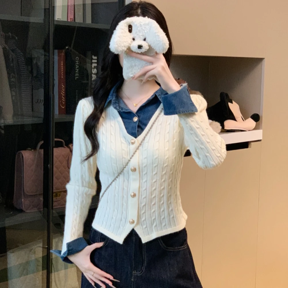 蓝色翻领牛仔拼接假两件长袖针织衫女冬季学院风气质百搭短款上衣