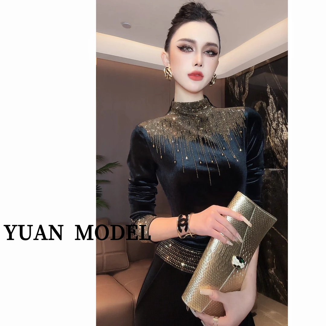 YUAN MODEL/媛老板-【鎏金款】流星烫钻气质长袖T恤丝绒打底 101062