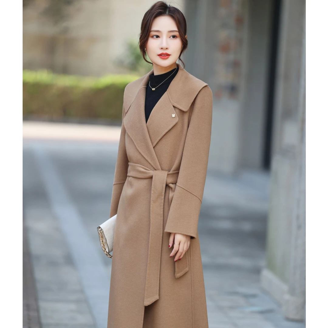 22891秋冬新款韩版翻领双面羊绒大衣中长款系带修身品质羊毛外套