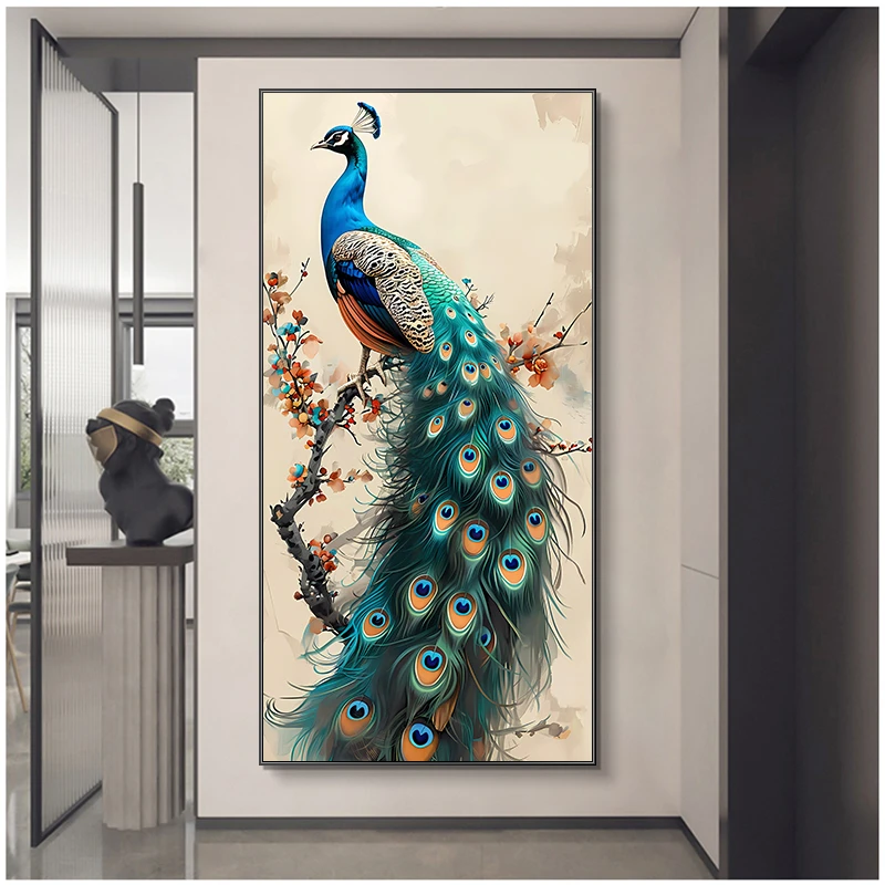 X06新孔雀镶钻玄关装饰画简约轻奢入户走廊过道挂画80*160