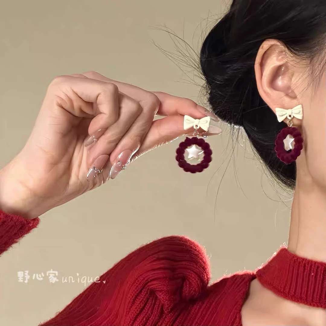 铜合金仿珍珠耳饰 【甜梦铃悦】红色丝绒爱心蝴蝶结星星耳钉女耳饰