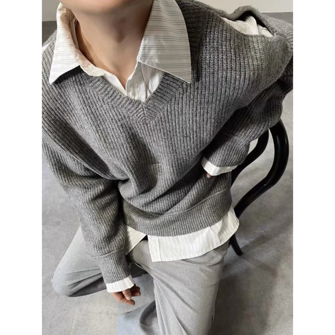 大圣圣 假两件毛衣拼接衬衫破洞拼接时髦套头针织衫男FUL49314