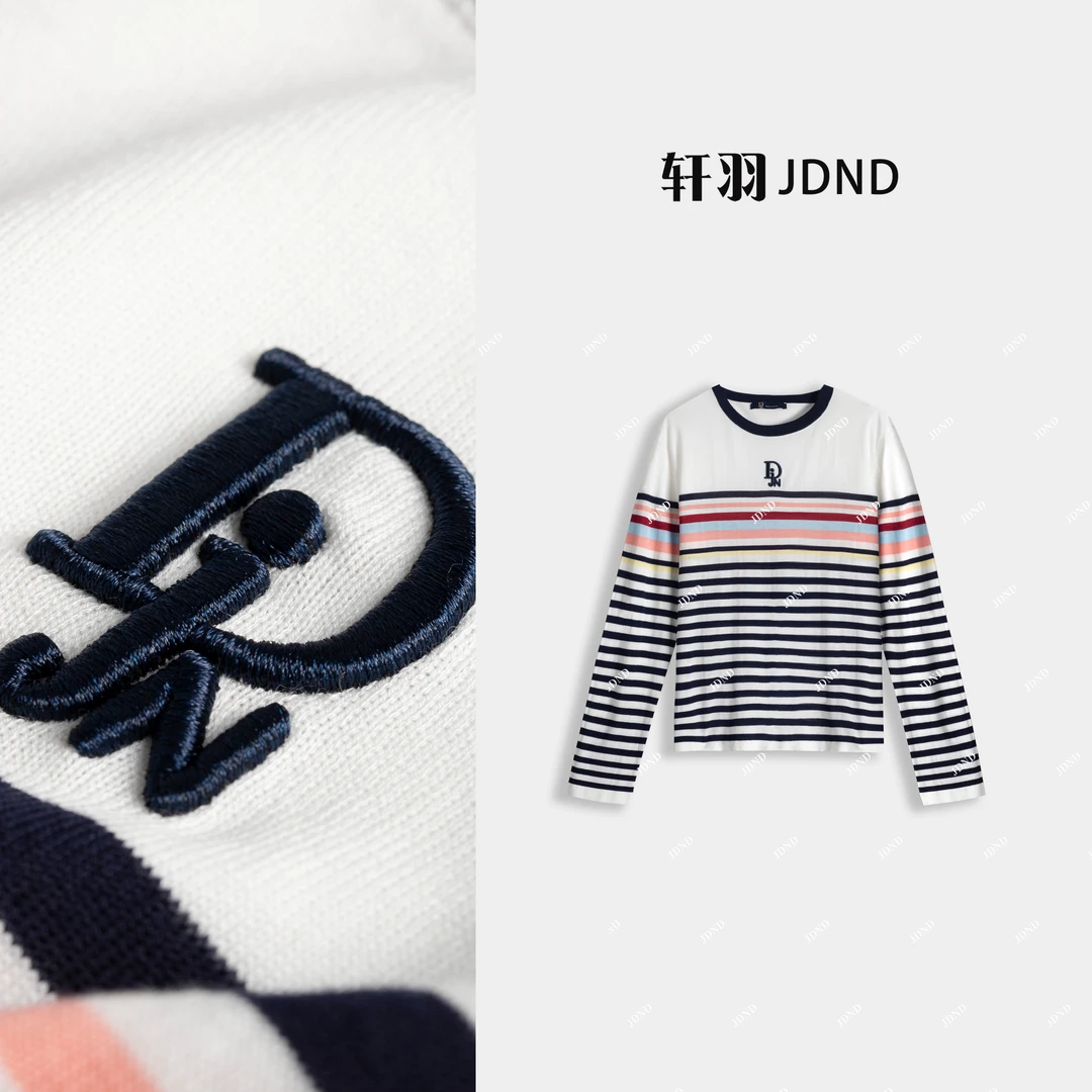 JDND轩羽【海魂衫】桑蚕丝+莱赛尔原创拼色条纹针织小衫XY25416