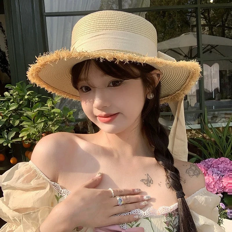 蝴蝶结毛边平顶草帽夏海边沙滩度假日式夏威夷太阳编织遮阳帽子JY