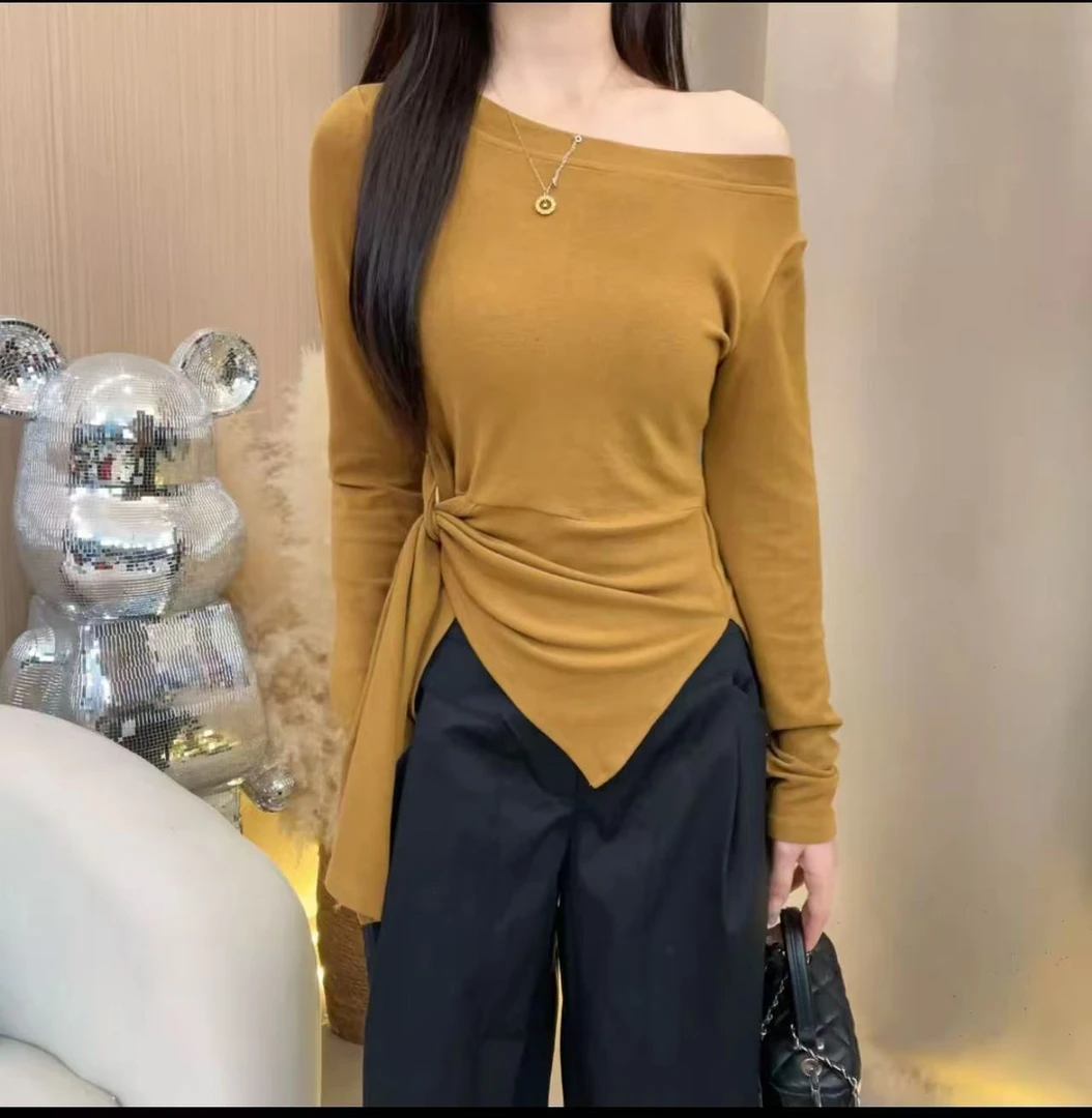 【i高品质+运险 】早秋新款韩系下摆开叉收腰设计感显瘦百搭斜肩T恤