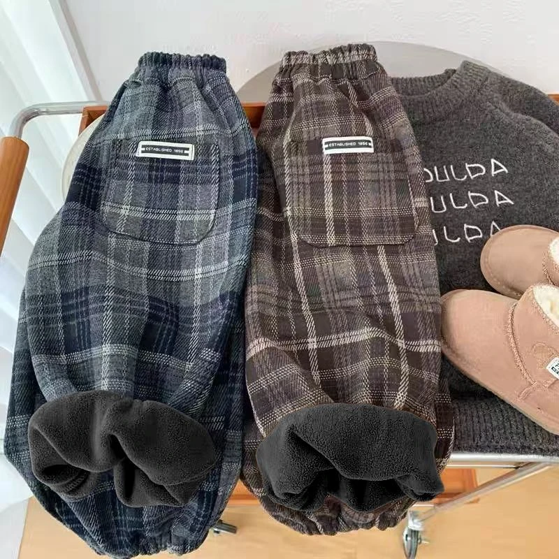 男童裤子加绒加厚冬季2025新款儿童一体绒小男孩韩版格子束脚裤潮