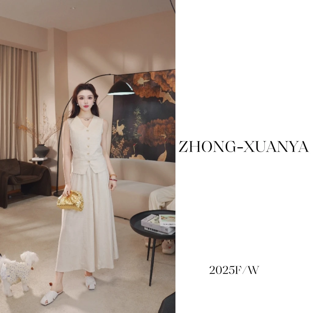 南油重磅天丝亚麻西装马甲+松紧腰半身裙套装yn2024162