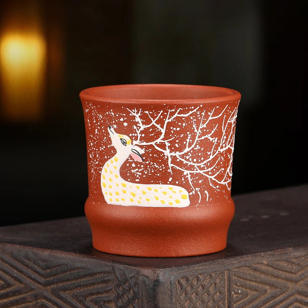 宜兴原矿紫砂主人杯 小红泥  泥绘  小鹿