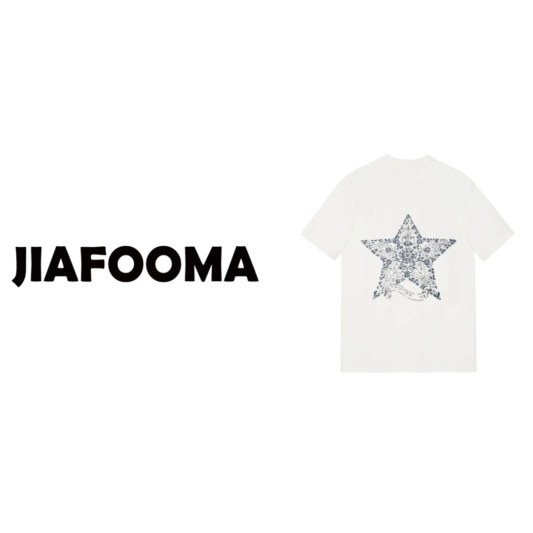 2024反季新设计师款白色休闲宽松五角星印花圆领T恤时尚潮款短袖