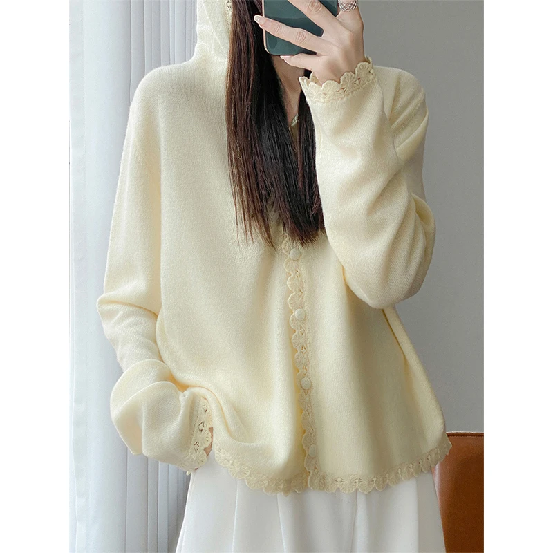 复古慵懒风100%纯羊毛连帽开衫女秋冬季宽松气质百搭针织卫衣帽衫