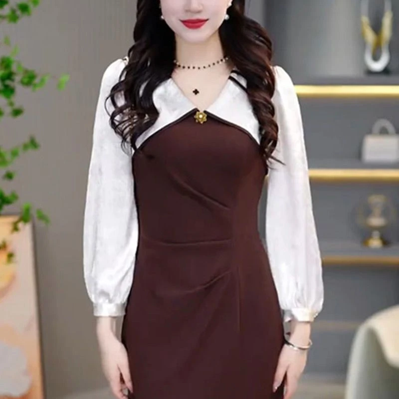 2025春秋季新款气质名媛风显瘦长袖连衣裙女时尚拼接减龄开衩裙子