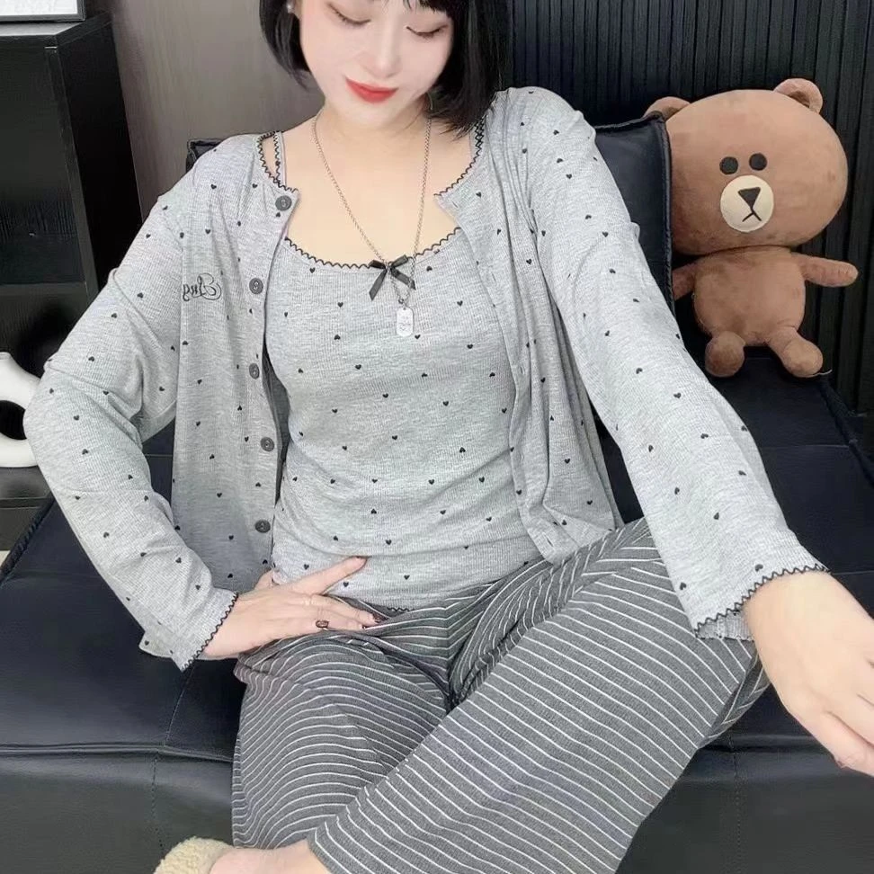 睡衣韩版纯欲性感灰色吊带开衫条纹裤三件套秋冬大码可外穿家居服