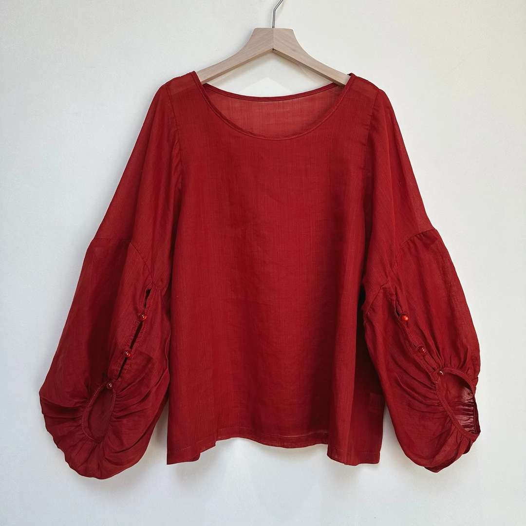 【繁花】纯色苎麻衬衫百搭宽松显瘦圆领灯笼袖上衣 衣长54 胸围130