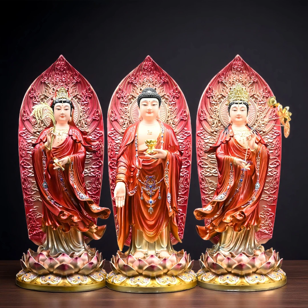 树脂西方三圣铜彩家用佛像带背光观世音菩萨大势至菩萨阿弥陀佛