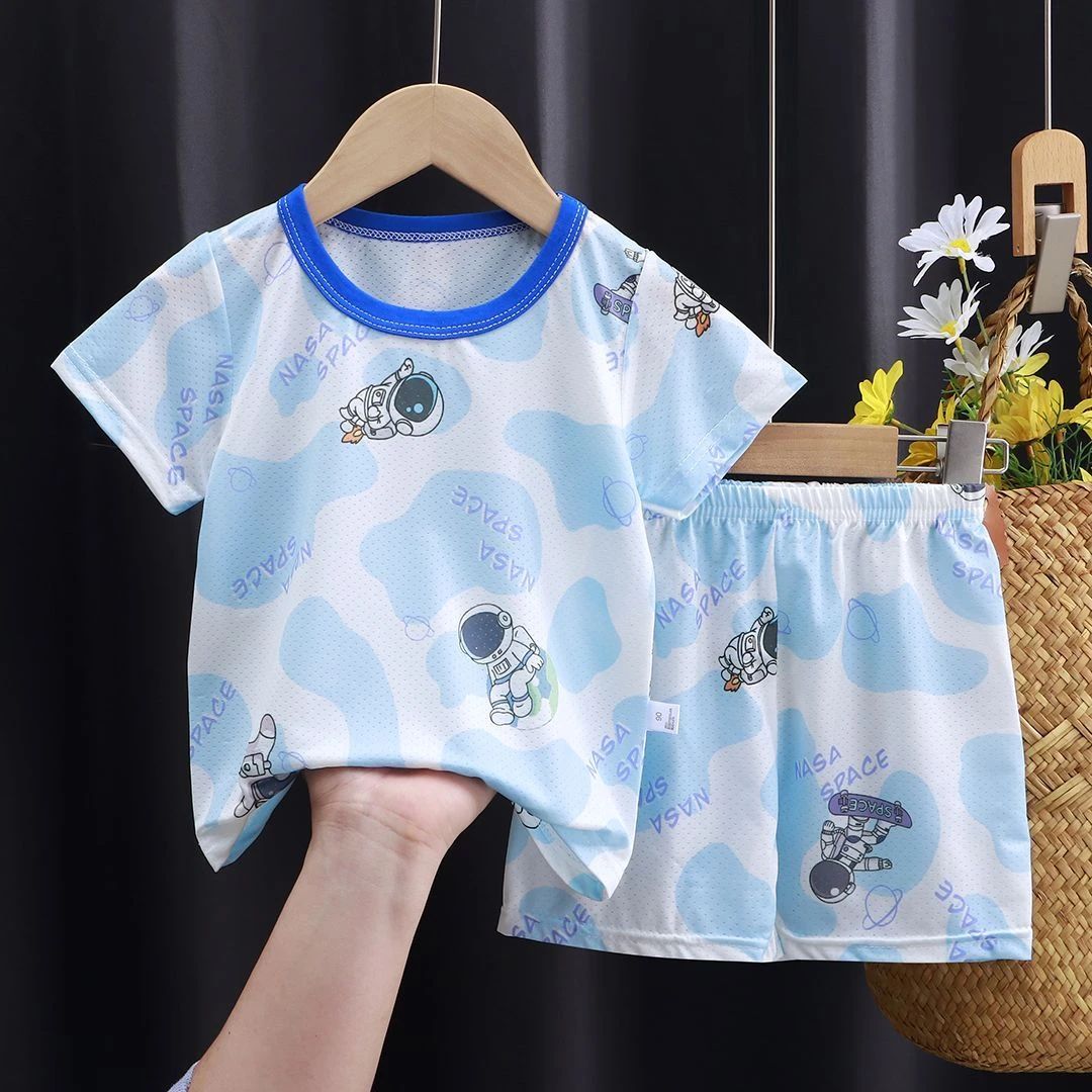 儿童夏季短袖套装中小童透气网眼半袖T恤宝宝凉感冰丝家居空调服