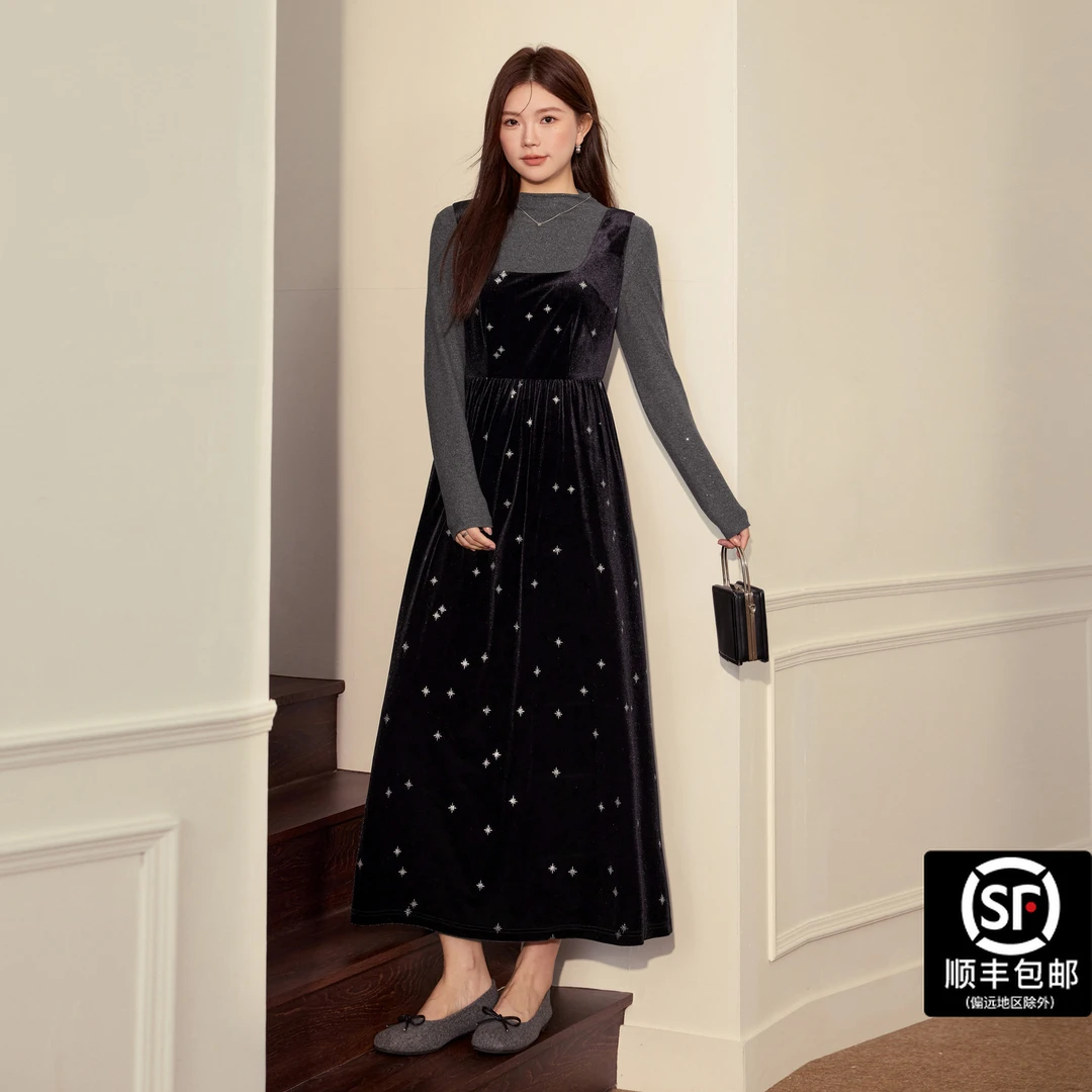 蓝语大码女装一整套入冬穿搭气质丝绒背心连衣裙显瘦半高领打底衫