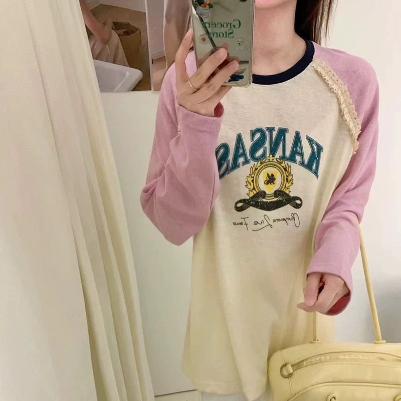 新款洋气字母蕾丝花边拼接撞色T恤5666