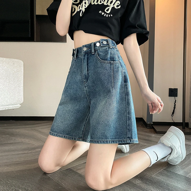 蜜蜜穿搭高腰五分牛仔短裤女夏季薄款宽松小个子后松紧腰5分中裤