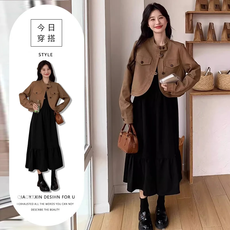 高级感小洋装套装女2025春秋新款设计感别致短款外套黑色连衣裙潮